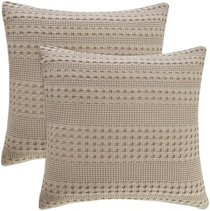 PHF 100% Cotton Waffle Weave Euro Sham Covers, 2 Pack 26" x 26" Bed Pillow Covers for Elegant Home Decor, No Filling, Luxury Aesthetic Soft Euro Pillow Cases for Bed, Simply Taupe