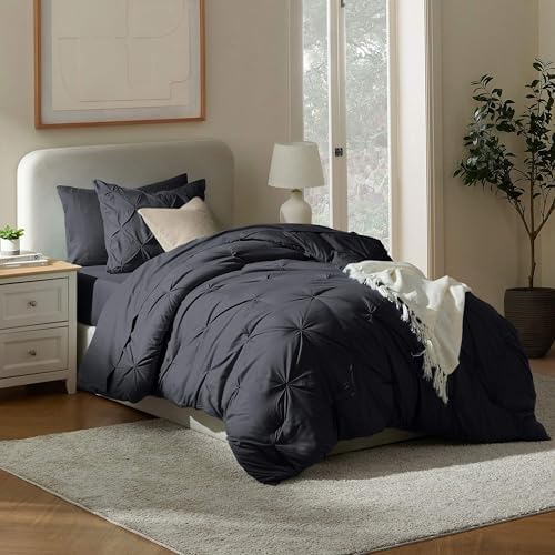Nestl 7 Piece Twin XL Comforter Set – Black Pinch Pleated Bed in a Bag – Complete Twin XL Size Bedding Set with Sheets, Set of 2 Cooling Pillows, Pillowcase and Sham
