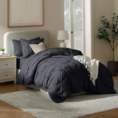 Nestl 7 Piece Twin XL Comforter Set – Black Pinch Pleated Bed in a Bag – Complete Twin XL Size Bedding Set with Sheets, Set of 2 Cooling Pillows, Pillowcase and Sham