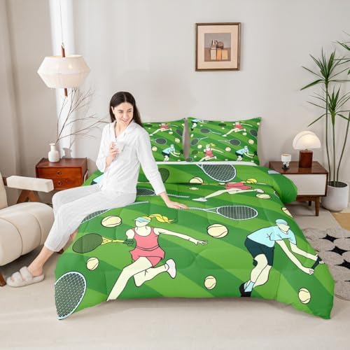 Castle Fairy Tennis Comforter Set Toddler Size for Kids Abstract Cartoon Athlete Bedding Sets All Season Tennis Racket Balls Quilt Set Bedroom Decor Green Geometric Stripes Down Comforter,2Pcs
