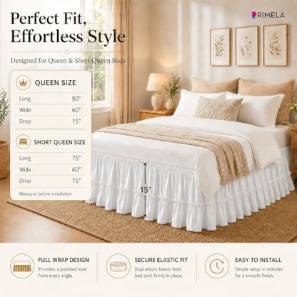 White Pieced Ruffle Bed Skirt Queen 15" Drop, Elastic Bedskirt