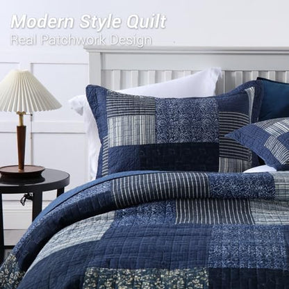 Yvooxny Quilt Set California King 3-Piece Quilt Set Plaid Floral Patchwork Quilts Cotton Quilted Bedspread with Pillowcases for All Seasons, Azure Blue, 118x110 Inches