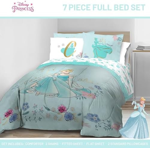 Disney Princess Full Size Comforter Set 7 Piece Kids Bedding, Blue