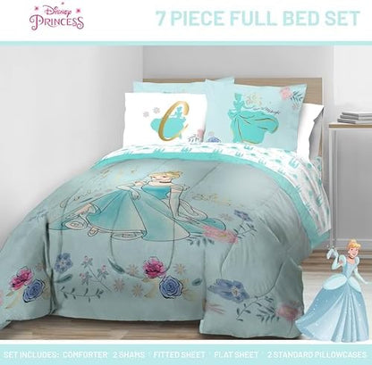 Disney Princess Full Size Comforter Set 7 Piece Kids Bedding, Blue