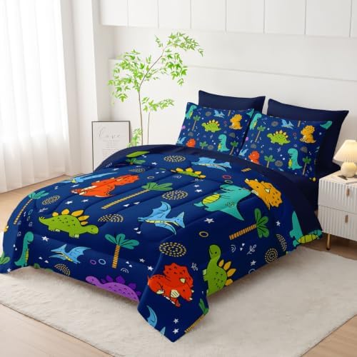 HOSIMA Colorful Cartoon Dinosaur Bed in a Bag 7 Pieces Twin for Kids.