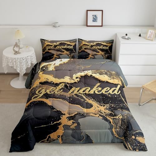 Homewish Get Naked Comforter Set Full Size,Gold Glitter Black Marbling Print Bedding Set for Adult Women Men Room Decor,Valentine's Day Funny Quotes Quilt Set Luxury Black Duvet Insert,2 Pillowcases