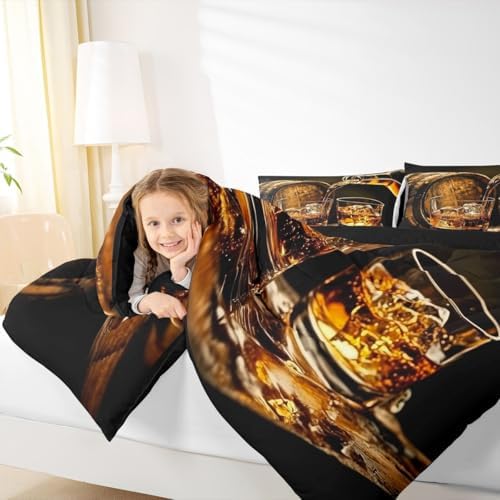 Whisky Drinks Kids Comforter Set King Size,Whiskey Malt Liquor Drinking Modern Bedding Set,Girls Boys Room Decor,Bar Beer Glass Quilt Comforter,Western Fashion Duvet Insert,2 Pillowcases