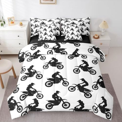 Feelyou Dirt Bike Full Comforter Set with Sheets for Boys Girls Motocross Rider 7 Pieces Bedding Set Sporty Silhouette Design Bed in a Bag Outdoor Sports Room Decor Motorcycle Art Soft Lightweight