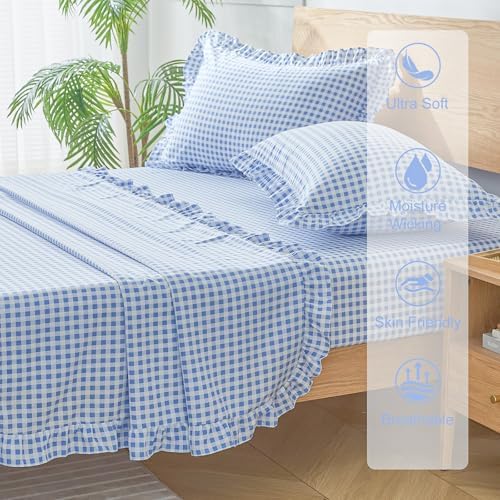 Gingham King Sheet Set, Lightweight Super Soft Brushed Microfiber Plaid Bed Sheets with 16" Deep Pocket, 4 Piece Ruffle Farmhouse Bedroom Decor, Blue