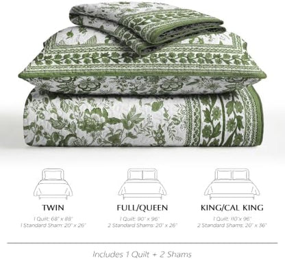 FLYMME Green Vintage Floral Quilt Set Twin Size, 2-Piece Classic Reversible Bedspread Coverlet with 1 Pillow Sham, Lightweight Botanical Bedding Set for All Season