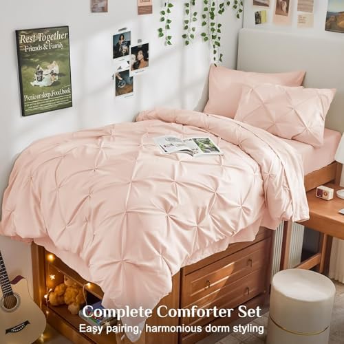 JOLLYVOGUE Twin Comforter Set 5 Pieces - Bed in a Bag Twin for All Season, Pintuck Bedding Comforter Sets with Comforter, Flat Sheet, Fitted Sheet and Pillowcases & Shams, Blush Pink