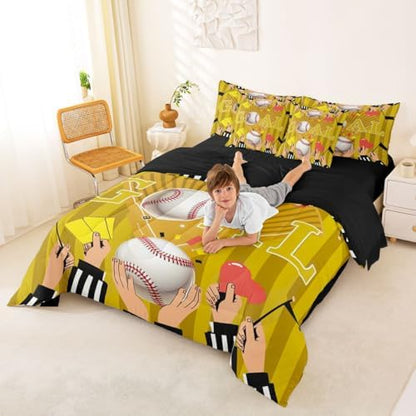 Erosebridal Boys Kids Ball Games Boys Baseball Yellow 7 Piece Bedding Set Twin | Playground Comforter Set with Sheets Stripes Geometric Bed in A Bag Sports Theme Gaming Pattern Bed Sets