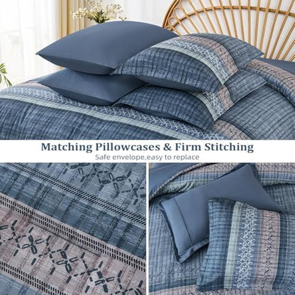 Dintszyayue Blue Comforter Set Full Size, 8 Pieces Boho Striped Bed in a Bag Soft Microfiber Bedding Set for All Season