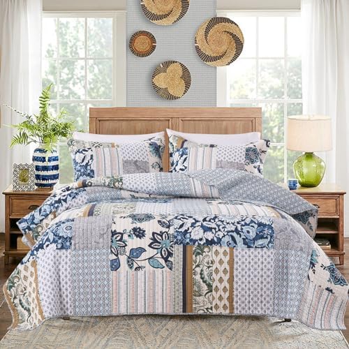 Yvooxny Queen Quilt Set Reversible Quilted Bedspread 3-Piece Lightweight Floral Real Patchwork Coverlet Bedding Set with Pillowcases for All Seasons, 98 * 90 Inches