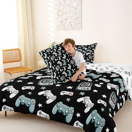 Castle Fairy Gamepad Comforter Set Queen Size,Video Gaming Black Down Alternative Adults Room Decor,Kids Games Consoles Ultra Soft Microfiber Inner Fill 3Pcs Bedding