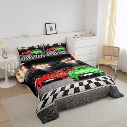 Feelyou Sports Car Comforter Twin Size Decor Red Green Race Car Comforter Set for Kids Boys Racing Car Bedding Set Extreme Sports Competitive Quilt Set Room Decorations