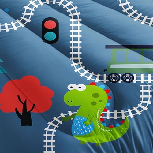 AILONEN Cartoon Train Comforter Set Full Size, Railroad Train Printed Bedding Set for Kids,Cute Dinosaur Comforter Set for All Season,3-Pieces,1 Comforter with 2 Pillowcases,Soft Machine Washable