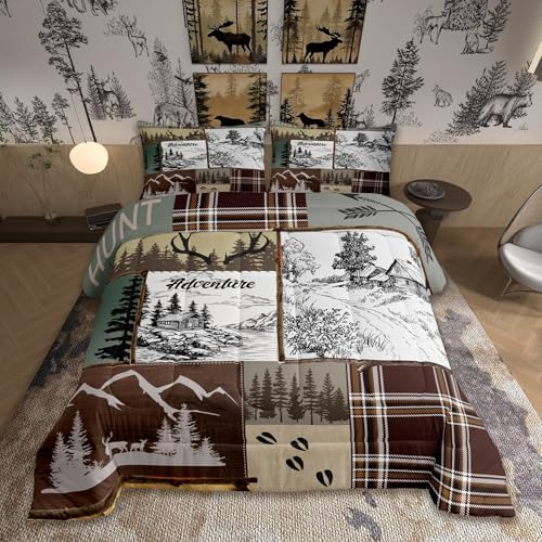 Homewish Rustic Cabin Comforter Set Queen,Adventure and Hunting Deer Antler Bedding Set,Boys Men Adult Room Decor Pine Wooden Plaid Patchwork Quilt Set Vintage Brown Duvet Insert 3Pcs
