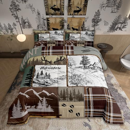 Homewish Rustic Cabin Comforter Set Queen,Adventure and Hunting Deer Antler Bedding Set,Boys Men Adult Room Decor Pine Wooden Plaid Patchwork Quilt Set Vintage Brown Duvet Insert 3Pcs