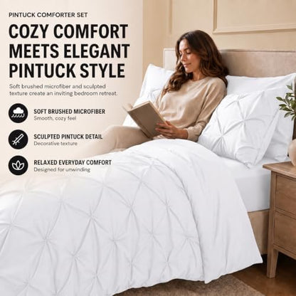 HIMEET Full Size Comforter Set White - 7 Pieces Pintuck Bed in a Bag