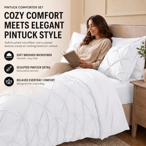 HIMEET California King Comforter Set White - 7 Pieces Pintuck Bed in a Bag