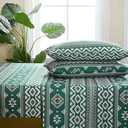 CozySmile 4 Pieces Queen Sheet Set Bohemian, Boho Sheets Soft Microfiber Deep Pocket, Western Sheets Geometric(Queen, Emerald Green)