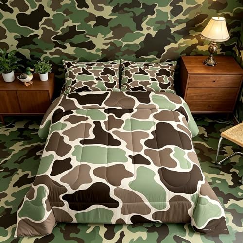 Feelyou Green Camo Bedding Set Soft for Boys Girls, Army Hunting Comforter Set King Size Camouflage Duvet Quilt Microfiber Military Style Bedroom Decor 3 Pcs with 2 Pillow Cases
