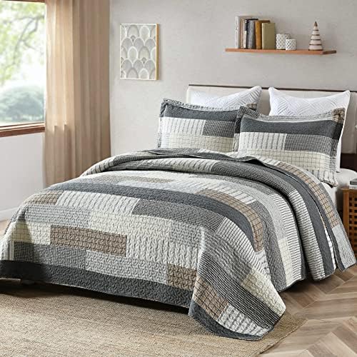 Finlonte Quilt King Size 100% Cotton King Size Quilts Grey Black Brown Quilted Bedspreads Plaid Comforter Set Lightweight Reversible Soft Breathable Bedding Sets for All Season, 3 Pieces