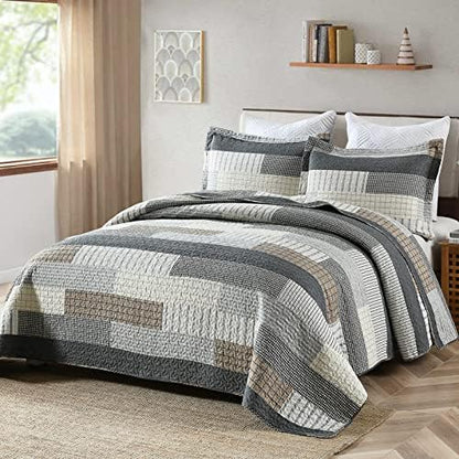 Finlonte Quilt King Size 100% Cotton King Size Quilts Grey Black Brown Quilted Bedspreads Plaid Comforter Set Lightweight Reversible Soft Breathable Bedding Sets for All Season, 3 Pieces