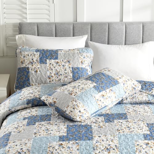 Mybedsoul Boho Quilt King Size, Patchwork Floral Bedding Set, Light Blue