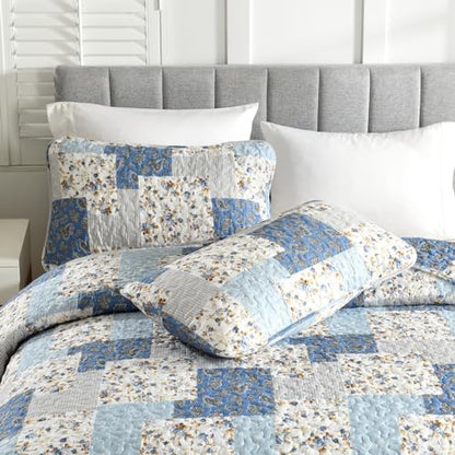 Mybedsoul Boho Quilt King Size, Patchwork Floral Bedding Set, Light Blue