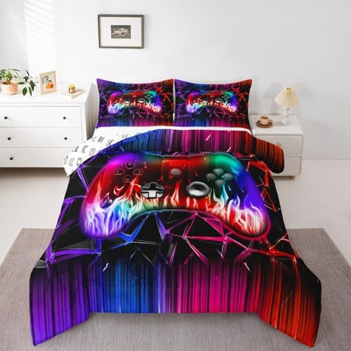 Castle Fairy Modern Honeycomb King Size Comforter/Duvet Set,Boys Gamepad Ultra Soft Bed Collection,Video Games Gamer Bedding for Room Decor 3 Pcs,Microfiber Breathable