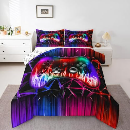 Castle Fairy Modern Honeycomb King Size Comforter/Duvet Set,Boys Gamepad Ultra Soft Bed Collection,Video Games Gamer Bedding for Room Decor 3 Pcs,Microfiber Breathable