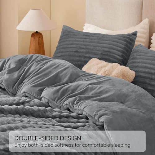 BEDELITE Fleece Oversized Queen Comforter Set, Fluffy Bed Set, Grey