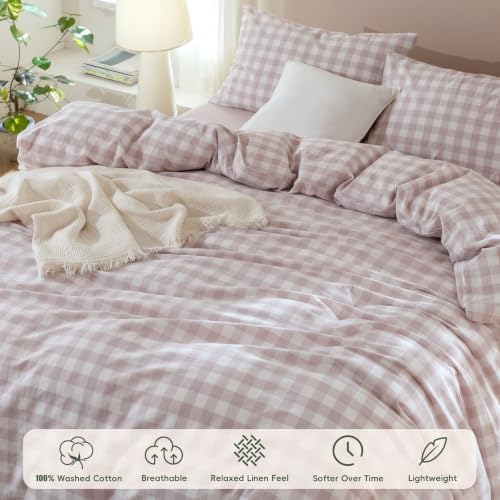 JIYUAN Full Washed Cotton Duvet Cover Set, 3-Piece, Large Gingham