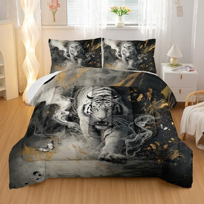 Nttopship White Tiger Comforter Set King Size，White Tiger Wild Animal 3 Pcs Bedding Set for Men Women Adults，3D Wildlife Animals Room Decor Ultra Soft with 1 Comforter and 2 Pillowcase