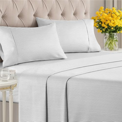 King 4 Piece Striped Sheet Set - Soft, Breathable & Cooling - Fine Lines