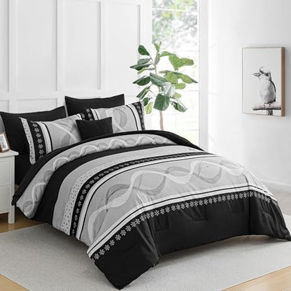 Anibedding Black Comforter Set Queen Size,8 Pieces Boho Bed in a Bag Patchwork Striped Comforter Set, Soft Microfiber Bedding Set for All Season(90"×90")