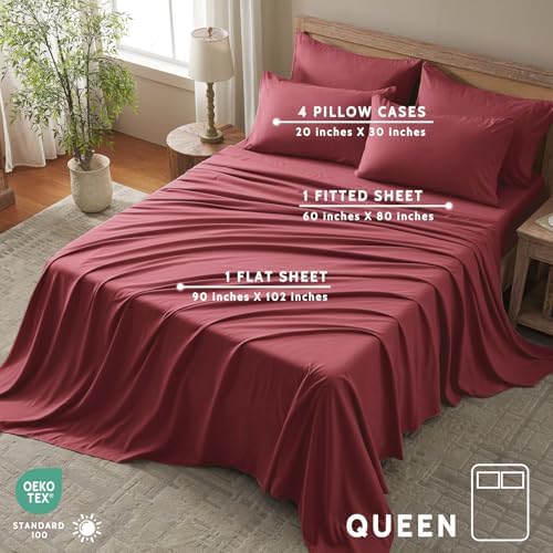 Queen Sheet Set - 6 Piece Sheets Queen Size Bed Set - Breathable & Cooling Hotel Luxury Bedding Set - Soft & Comfy Fully Elasticized 16" Deep Pocket Queen Sheets (Queen Burgundy)