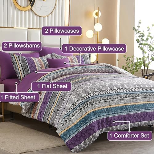 Cottolester Boho Comforter Set Cal King Size,8 Piece Purple Bed in a Bag