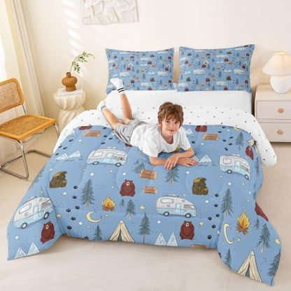 Homewish Cartoon Tents Camp Camper Comforter Set Twin Size,Camping Picnic Bedding Sets 2Pcs for Kids Girls Boys Teens Room Decor,Woodland Bear Quilted Duvet Snow Mountain Down Comforter,1 Pillowcase