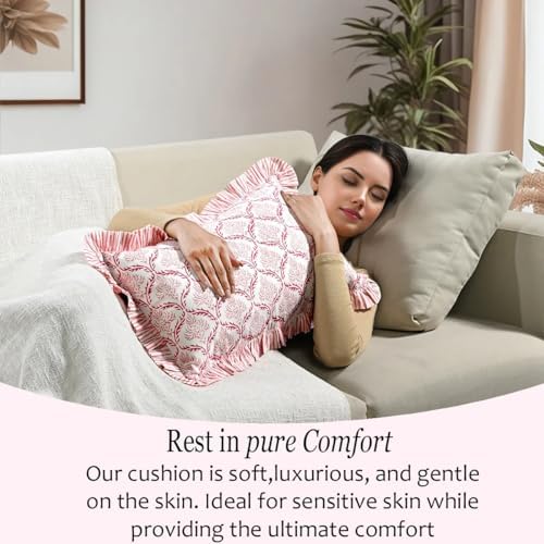CPC Block Print Blush Rose Ruffle Cotton Lumbar Pillow Cover 12x20 inch