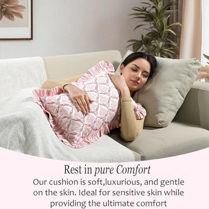 CPC Block Print Blush Rose Ruffle Cotton Lumbar Pillow Cover 12x20 inch
