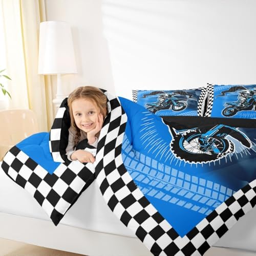 Feelyou Dirt Bike Comforter Set for Kids Boys Girls,Toddler Size,Motorcycle Racer Bedding Set,Cool Motocross Duvet Quilt,Fashion Motorcycle Comforter,Extreme Sports Bedroom Decor