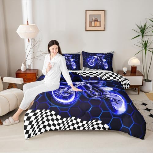 Feelyou Racing Motocross Rider Kids Bedding Set,Boys Girls Toddler Size,Dirt Bike Comforter Set,Extreme Sports Ultra Soft Duvet Quilt,Colorful Modern Comforter Honeycomb Flag Print Bedroom Decor