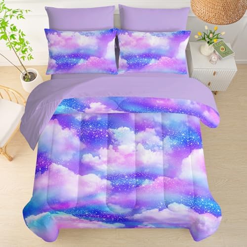 QOOMO Purple Clouds 7 Pieces Comforter Set Full Size,Galaxy Bedding Set
