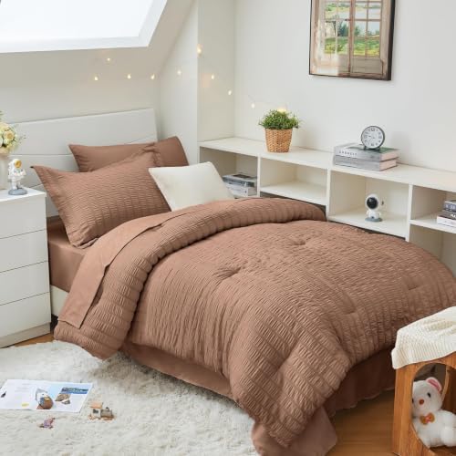 HYMOKEGE Mocha Brown Twin XL Comforter Set Seersucker 5 Pieces, All Season Luxury Bed in a Bag for Bedroom, Bedding Set with Comforter, Sheets, Pillowcase & Sham