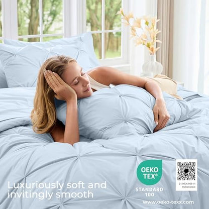 Sasttie Oversized King Comforter Set, 7-Piece Bed in a Bag, Pintuck Bedding Sets for All Season, Includes Comforter, Flat Sheet, Fitted Sheet, Pillowcases and Pillowshams, Light Blue