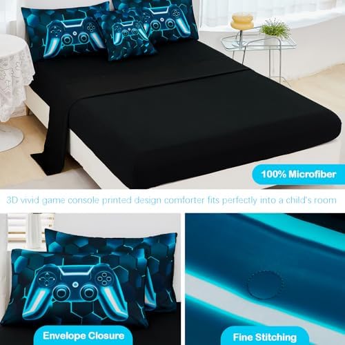 URBONUR 6 Pieces Gamer Comforter Set Full Size for Teen Boys Blue Teal