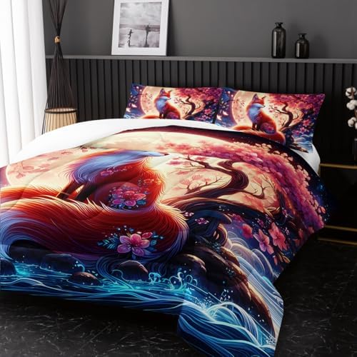 Nttopship Fox Comforter Bedding Set with 2 Pillowcase Full Size Cartoon Fox Sakura Comforter Set for Kids Boys Girls Bedroom Decor
